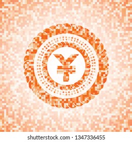 yuan icon inside orange tile background illustration. Square geometric mosaic seamless pattern with emblem inside.