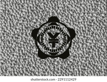 icono de yuan dentro de emblema oscuro realista con fondo de burbujas grises. Ilustración vectorial. Detallado. 
