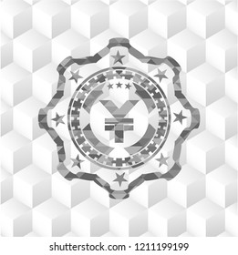 yuan icon inside realistic grey emblem with geometric cube white background