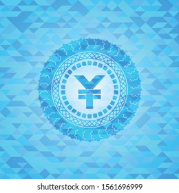 yuan icon inside realistic light blue emblem. Mosaic background