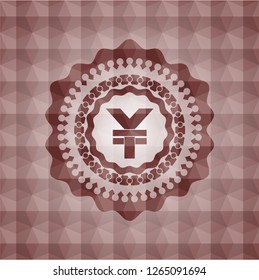 yuan icon inside red emblem with geometric background. Seamless.