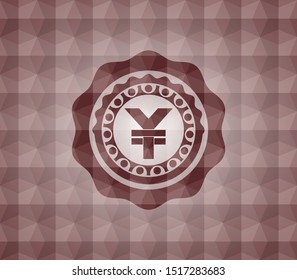 yuan icon inside red emblem with geometric background. Seamless.