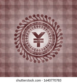 yuan icon inside red emblem with geometric pattern background. Seamless.