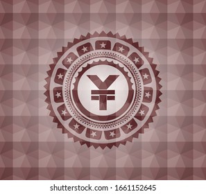yuan icon inside red emblem or badge with geometric pattern background. Seamless.