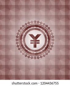 yuan icon inside red seamless badge with geometric pattern.