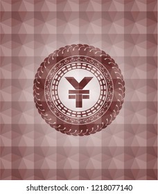 yuan icon inside red seamless emblem or badge with abstract geometric pattern background.