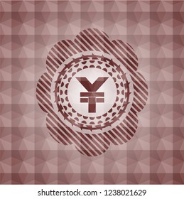 yuan icon inside red seamless emblem or badge with abstract geometric pattern background.