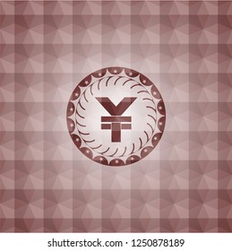 yuan icon inside red seamless emblem with geometric pattern.