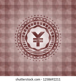yuan icon inside red seamless emblem or badge with geometric pattern background.
