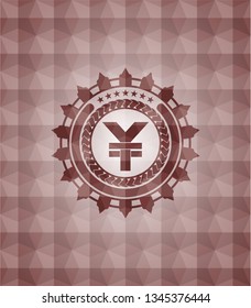 yuan icon inside red seamless emblem with geometric pattern.