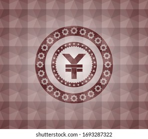 yuan icon inside red seamless badge with geometric pattern.