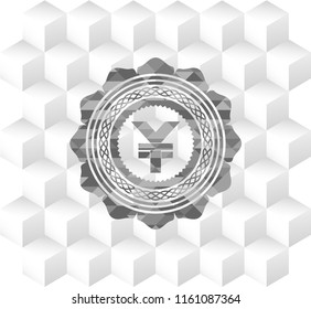 yuan icon inside retro style grey emblem with geometric cube white background