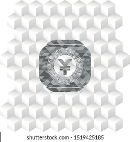 yuan icon inside retro style grey emblem with geometric cube white background