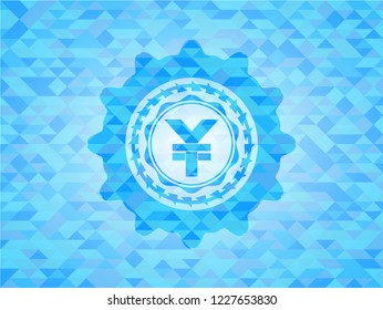 yuan icon inside sky blue emblem with triangle mosaic background