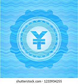yuan icon inside sky blue water style badge.