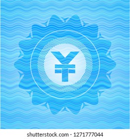 yuan icon inside sky blue water wave badge.