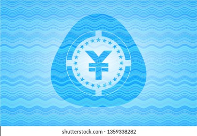 yuan icon inside sky blue water badge.