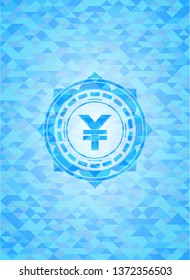 yuan icon inside sky blue emblem with mosaic background