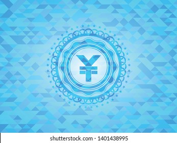 yuan icon inside sky blue emblem with mosaic background