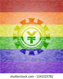 yuan icon on mosaic background with the colors of the LGBT flag