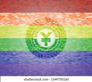 yuan icon on mosaic background with the colors of the LGBT flag