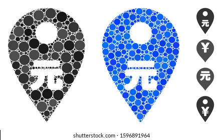 Yuan map marker composition of round dots in different sizes and color tinges, based on yuan map marker icon. Vector round dots are grouped into blue illustration.