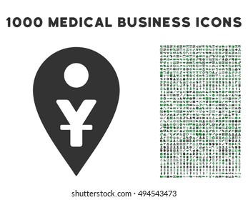 Yuan Map Marker icon with 1000 medical commerce green and gray vector pictograms. Set style is flat bicolor symbols, white background.
