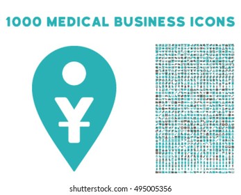 Yuan Map Marker icon with 1000 medical commerce grey and cyan vector pictograms. Collection style is flat bicolor symbols, white background.