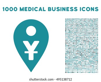 Yuan Map Marker icon with 1000 medical commercial soft blue vector pictograms. Set style is flat bicolor symbols, white background.