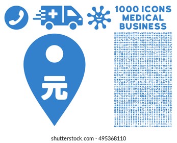 Yuan Map Marker icon with 1000 medical commercial cobalt vector design elements. Collection style is flat symbols, white background.