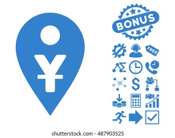Yuan Map Marker icon with bonus images. Vector illustration style is flat iconic symbols, cobalt color, white background.