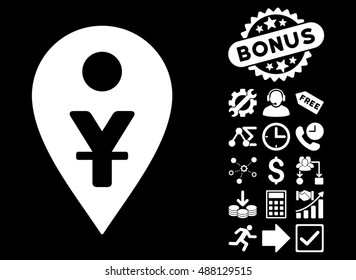 Yuan Map Marker icon with bonus design elements. Vector illustration style is flat iconic symbols, white color, black background.
