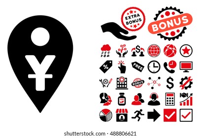 Yuan Map Marker icon with bonus design elements. Vector illustration style is flat iconic bicolor symbols, intensive red and black colors, white background.