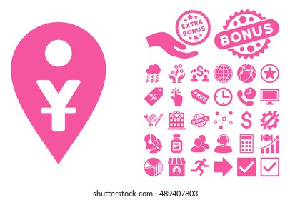 Yuan Map Marker icon with bonus images. Vector illustration style is flat iconic symbols, pink color, white background.