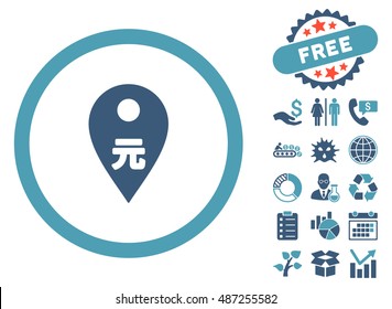 Yuan Map Marker icon with free bonus pictogram. Vector illustration style is flat iconic bicolor symbols, cyan and blue colors, white background.