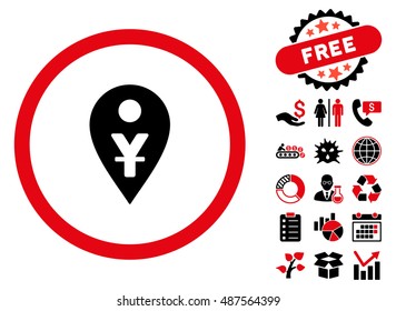 Yuan Map Marker icon with free bonus pictogram. Vector illustration style is flat iconic bicolor symbols, intensive red and black colors, white background.