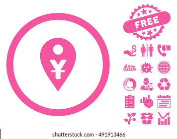 Yuan Map Marker icon with free bonus pictogram. Vector illustration style is flat iconic symbols, pink color, white background.