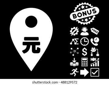 Yuan Map Marker pictograph with bonus clip art. Vector illustration style is flat iconic symbols, white color, black background.
