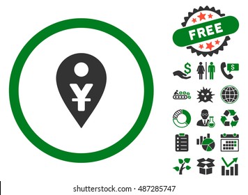 Yuan Map Marker pictograph with free bonus clip art. Vector illustration style is flat iconic bicolor symbols, green and gray colors, white background.