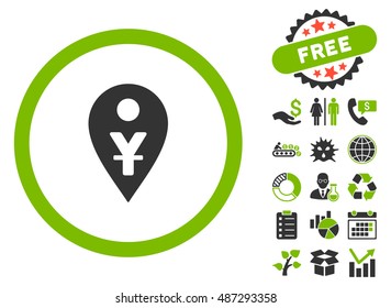 Yuan Map Marker pictograph with free bonus elements. Vector illustration style is flat iconic bicolor symbols, eco green and gray colors, white background.