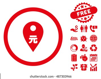 Yuan Map Marker pictograph with free bonus elements. Vector illustration style is flat iconic symbols, red color, white background.