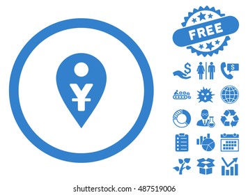Yuan Map Marker pictograph with free bonus icon set. Vector illustration style is flat iconic symbols, cobalt color, white background.
