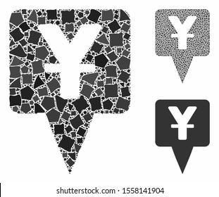 Yuan map pointer composition of humpy items in various sizes and color tinges, based on yuan map pointer icon. Vector unequal items are organized into composition.