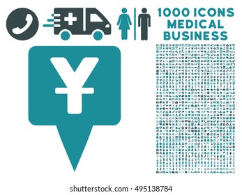 Yuan Map Pointer icon with 1000 medical business soft blue vector pictographs. Set style is flat bicolor symbols, white background.