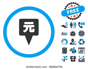 Yuan Map Pointer icon with bonus clip art. Vector illustration style is flat iconic bicolor symbols, blue and gray colors, white background.