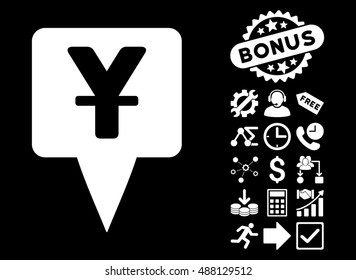 Yuan Map Pointer icon with bonus elements. Vector illustration style is flat iconic symbols, white color, black background.
