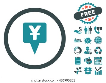 Yuan Map Pointer icon with free bonus pictograph collection. Vector illustration style is flat iconic bicolor symbols, soft blue colors, white background.