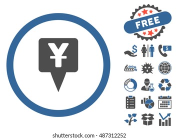 Yuan Map Pointer icon with free bonus images. Vector illustration style is flat iconic bicolor symbols, cobalt and gray colors, white background.