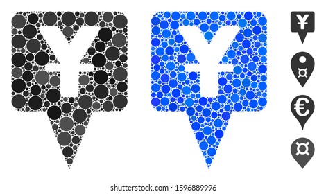 Yuan map pointer mosaic of round dots in variable sizes and color tinges, based on yuan map pointer icon. Vector round dots are organized into blue composition.