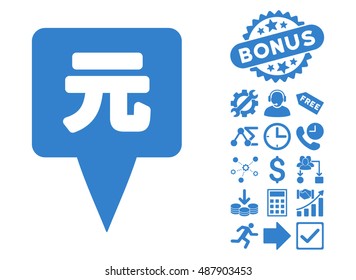 Yuan Map Pointer pictograph with bonus pictograph collection. Vector illustration style is flat iconic symbols, cobalt color, white background.